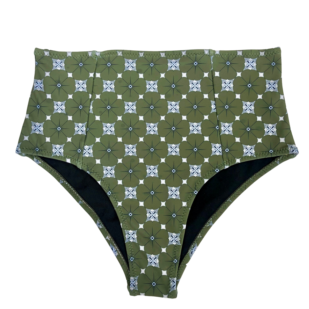 Olive Geometric Batik | High Waisted Bikini Bottoms