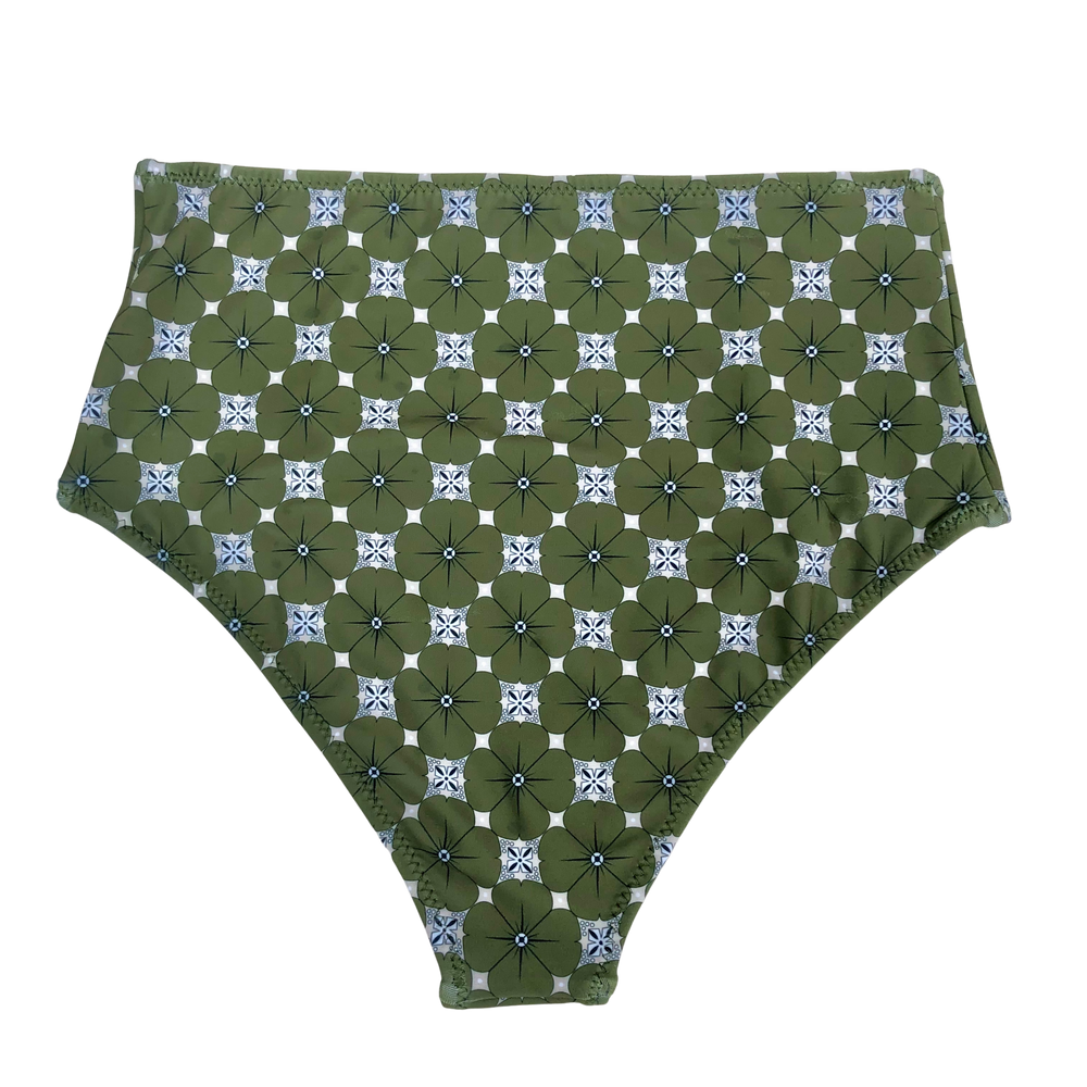 Olive Geometric Batik | High Waisted Bikini Bottoms